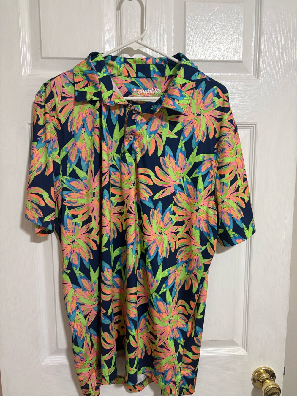 chubbies Navy Floral Short-Sleeve Button Polo with Neon Pink & Lime Accents